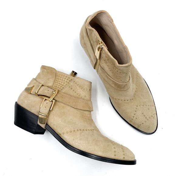 Anine Bing Bianca Bootie Beige Suede Gold Studded Harness Sz 36 / 6 US - Picture 2 of 11